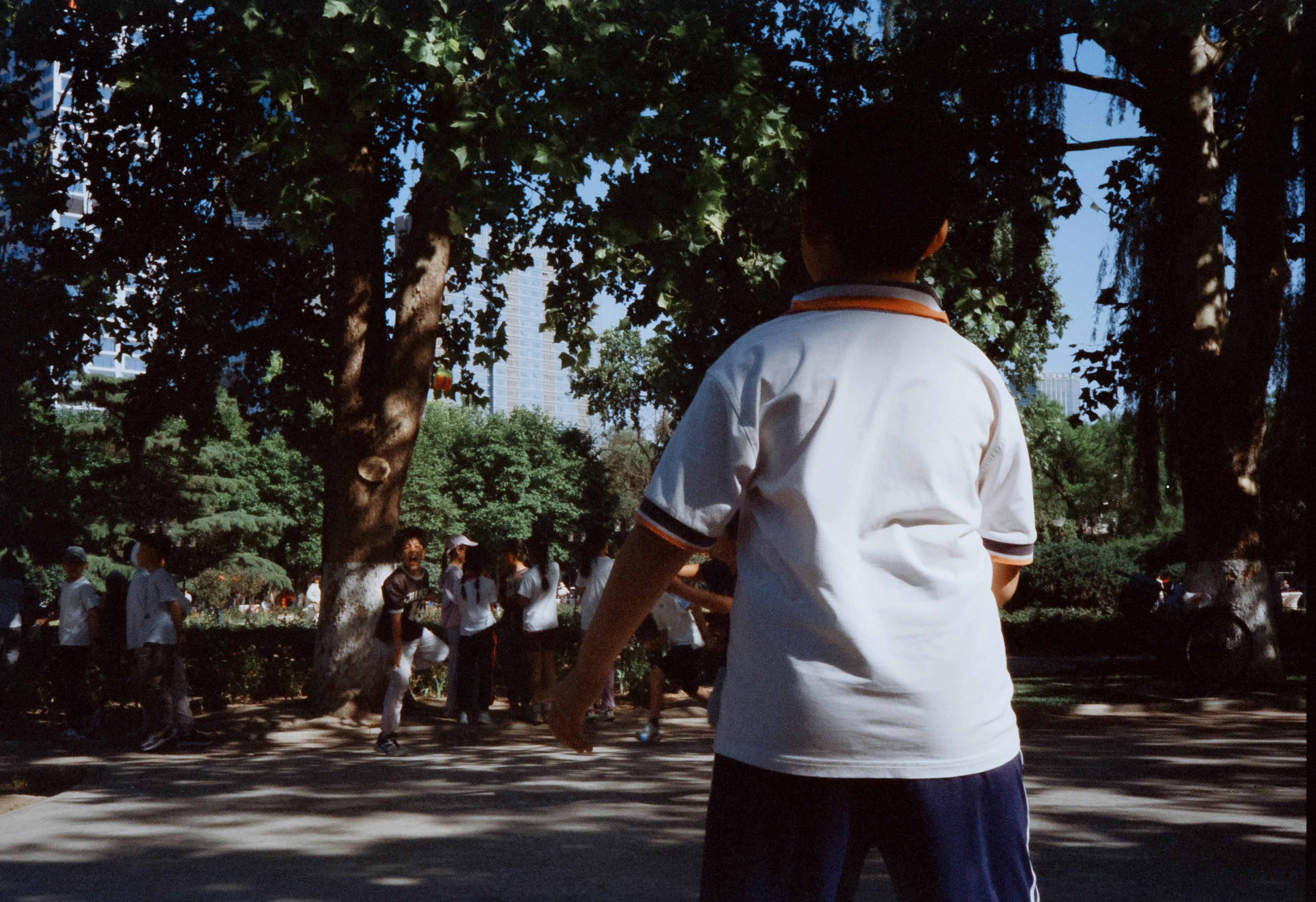 Boy in park watches others play.