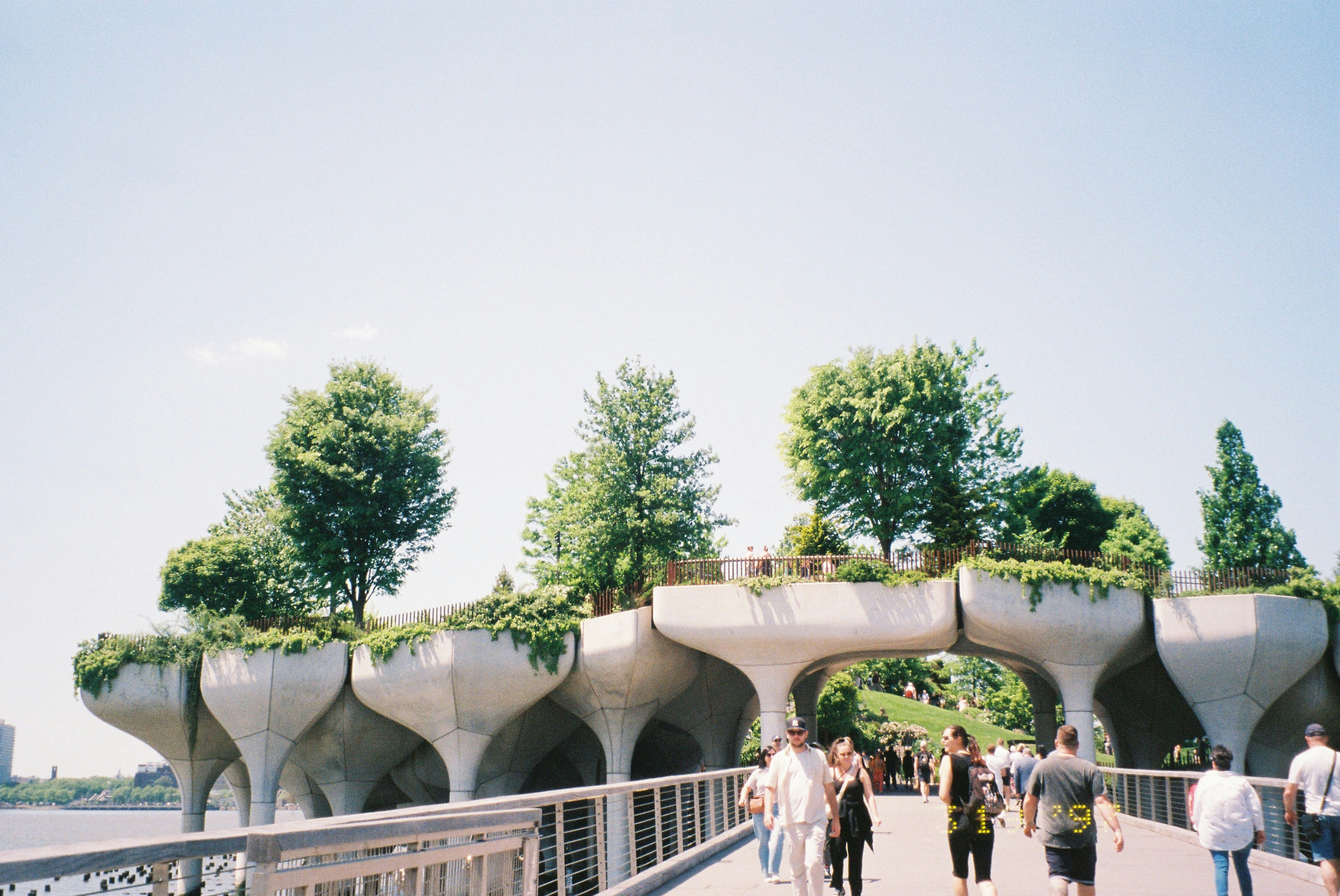 People stroll through the park on a sunny day.