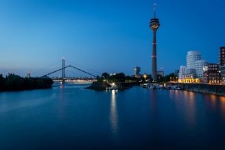 Dusseldorf skyline at night with bridge and tower.