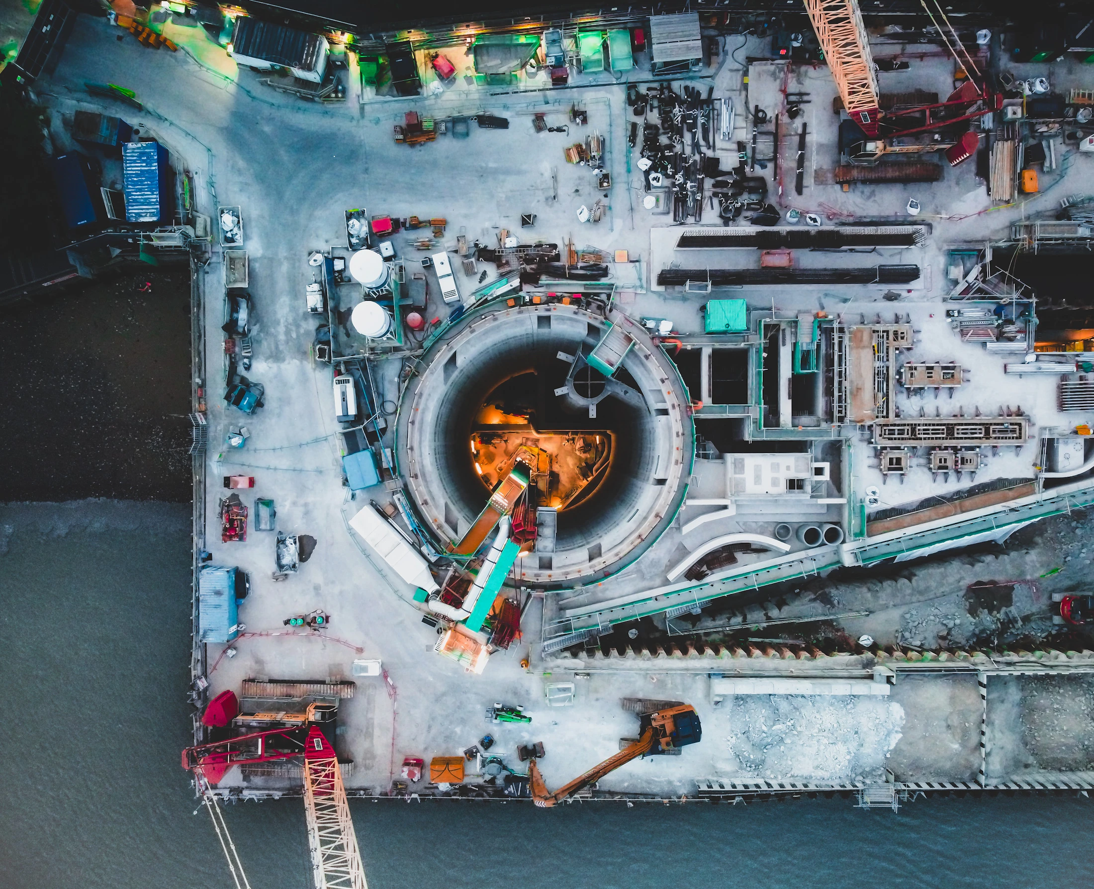Aerial view of a circular sewer-infrastructure construction shaft