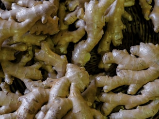 Ginger roots piled in a basket.