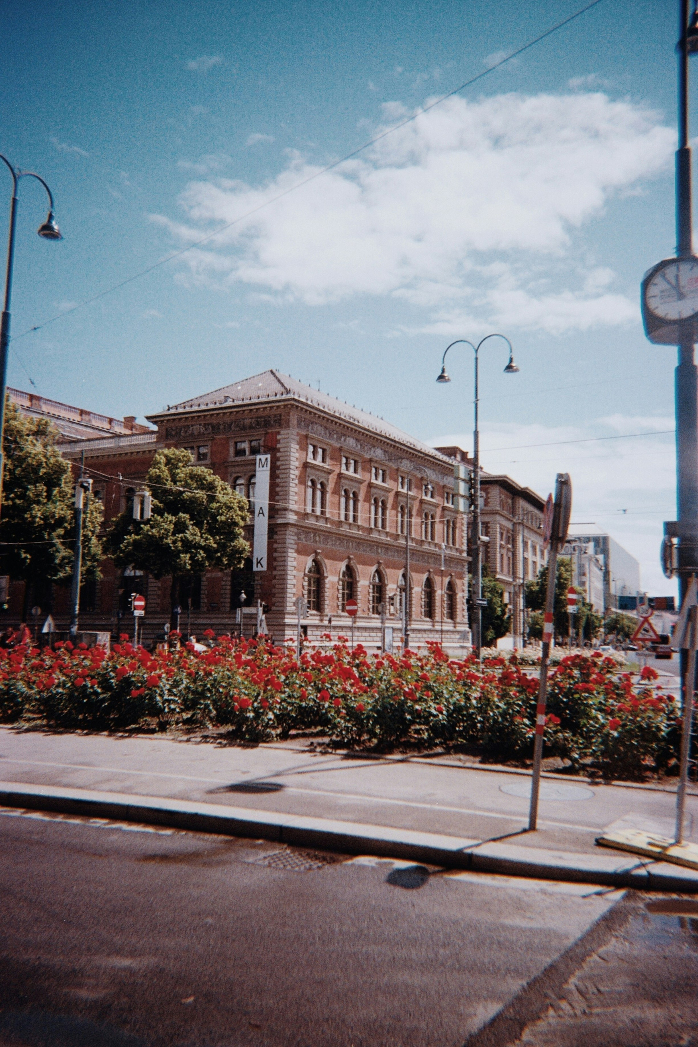 Historic building with red flowers under a blue sky.