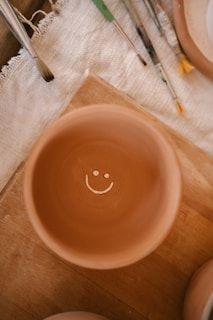 Smiling bowl surrounded by brushes.