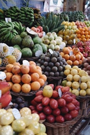 A colorful and abundant display of fresh fruits.