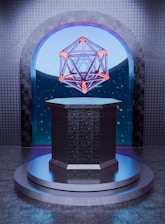 A geometric shape floats above a podium.