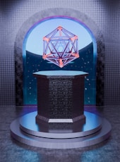 A geometric shape floats above a podium.