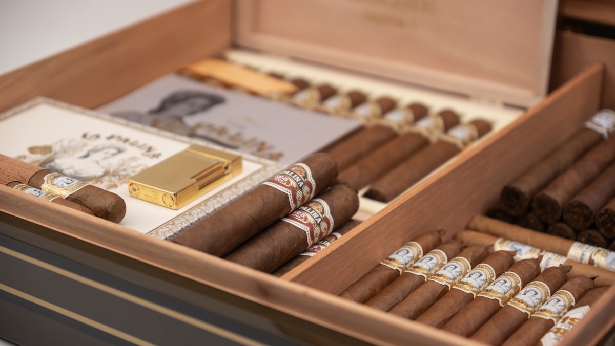 Cellar — aged cigar boxes on cedar shelves