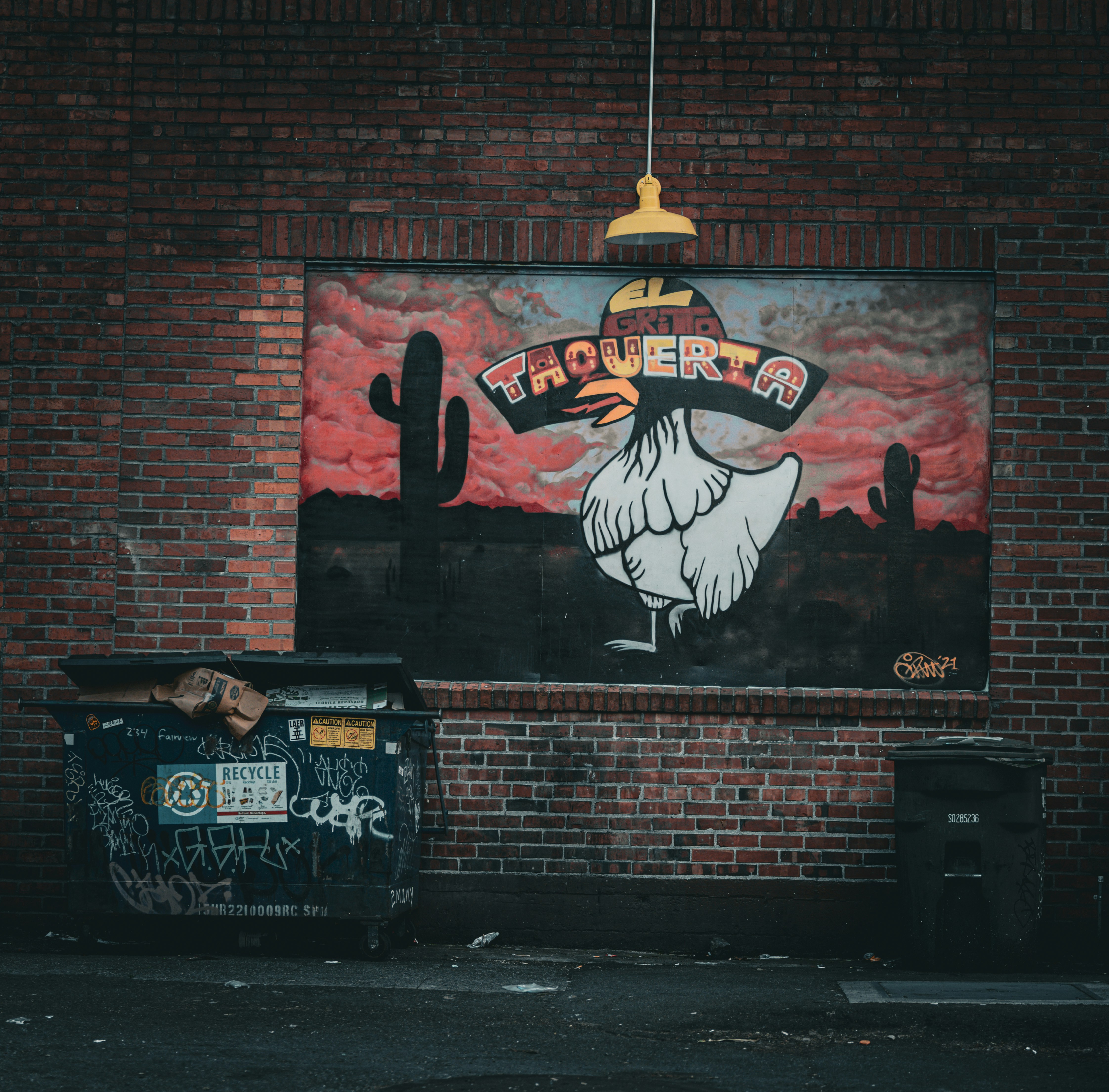 Graffiti-Kunst schmückt eine Backsteinmauer in der Nähe eines Müllcontainers.
