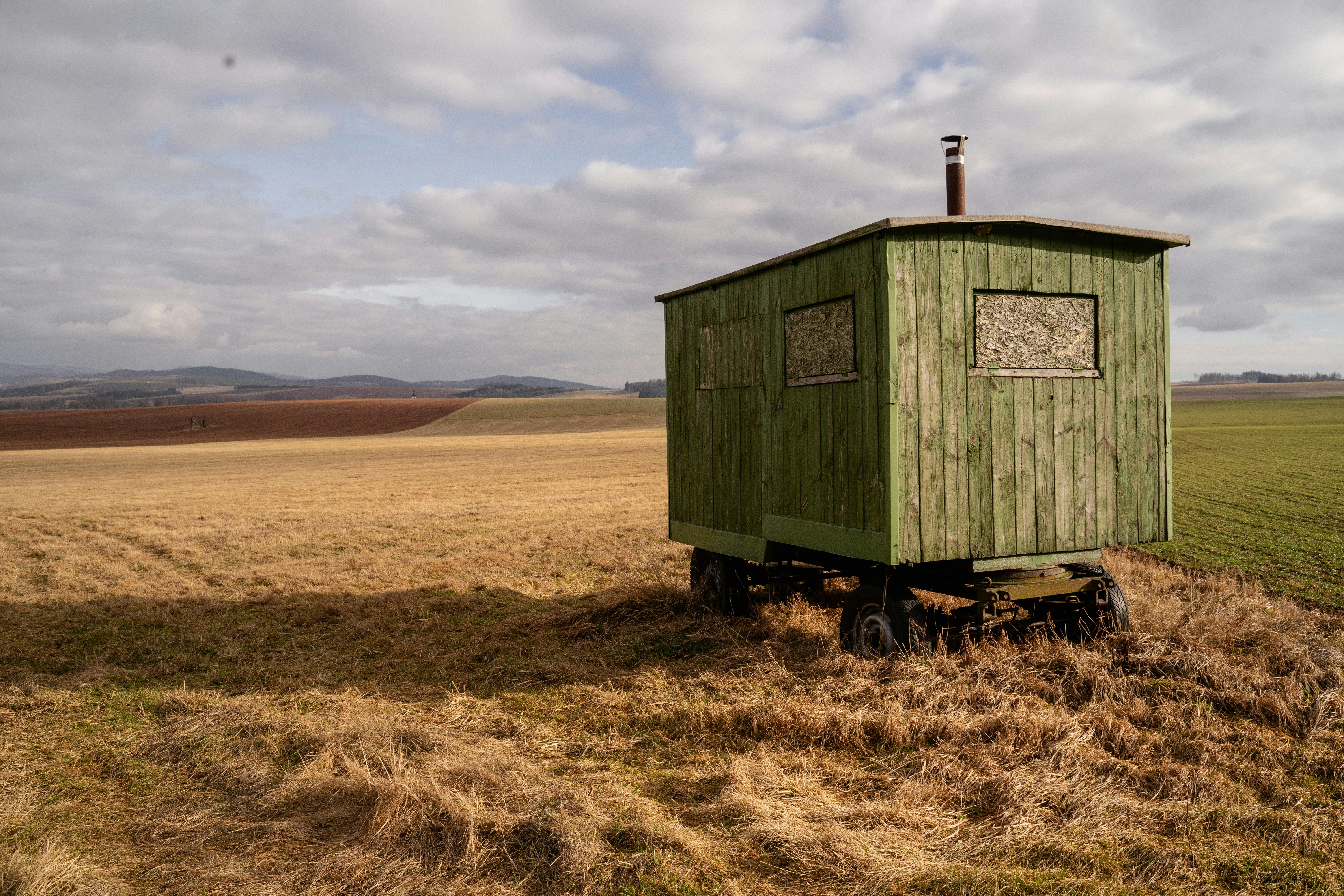 A green shack sits alone in a field.
