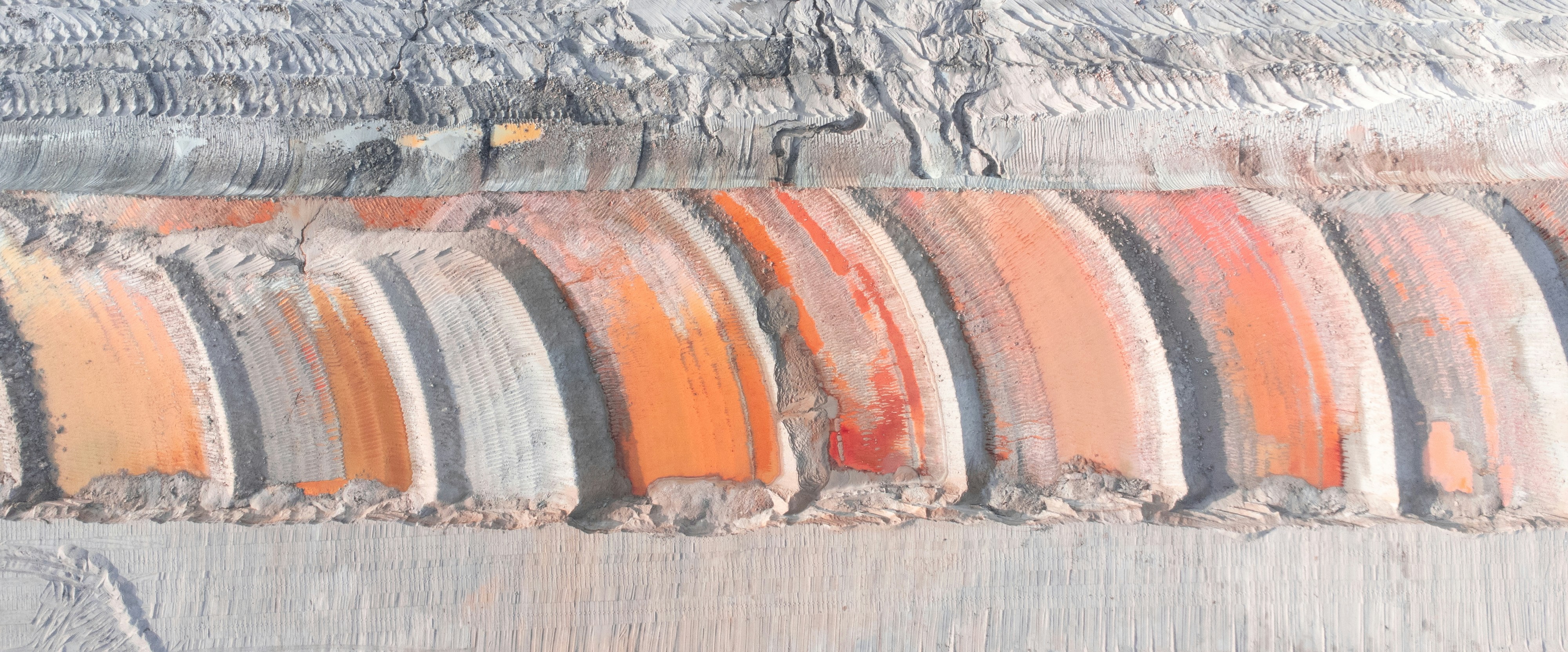 Curved, colorful structures in an aerial shot.