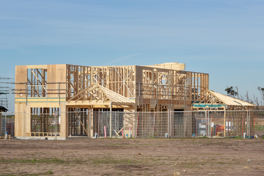 New home under construction with exposed framing