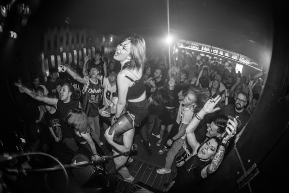 Partygoers celebrate and dance at a live music venue.