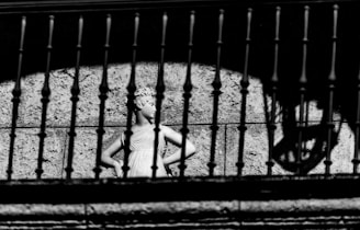 A person stands behind a decorative balcony.