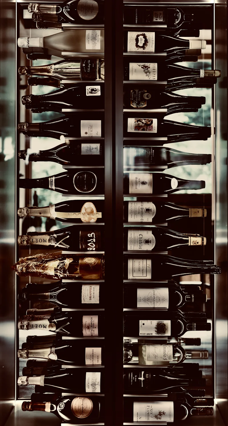 Wine bottles displayed in a wine cooler