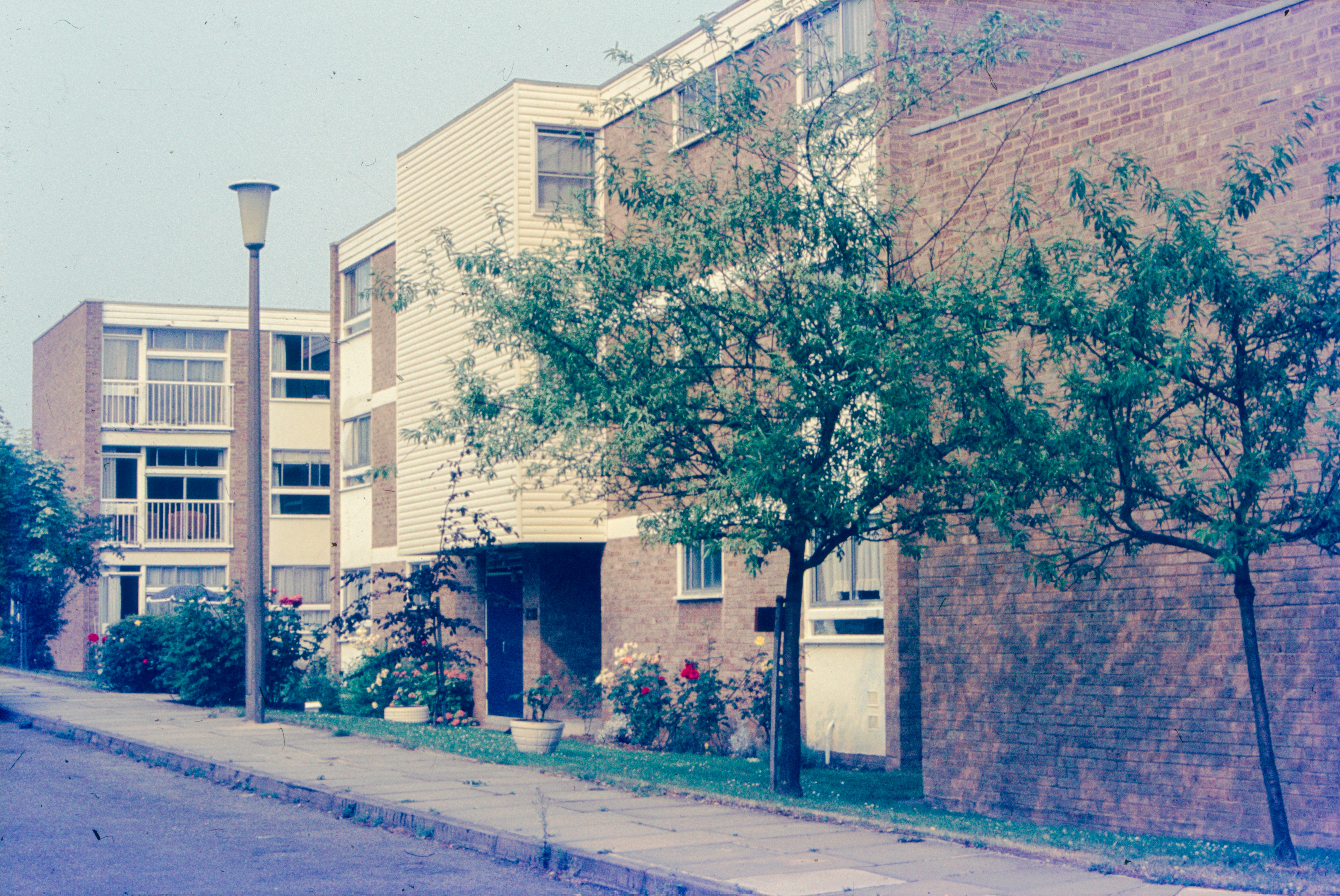 Apartment buildings with trees and a lamp post.