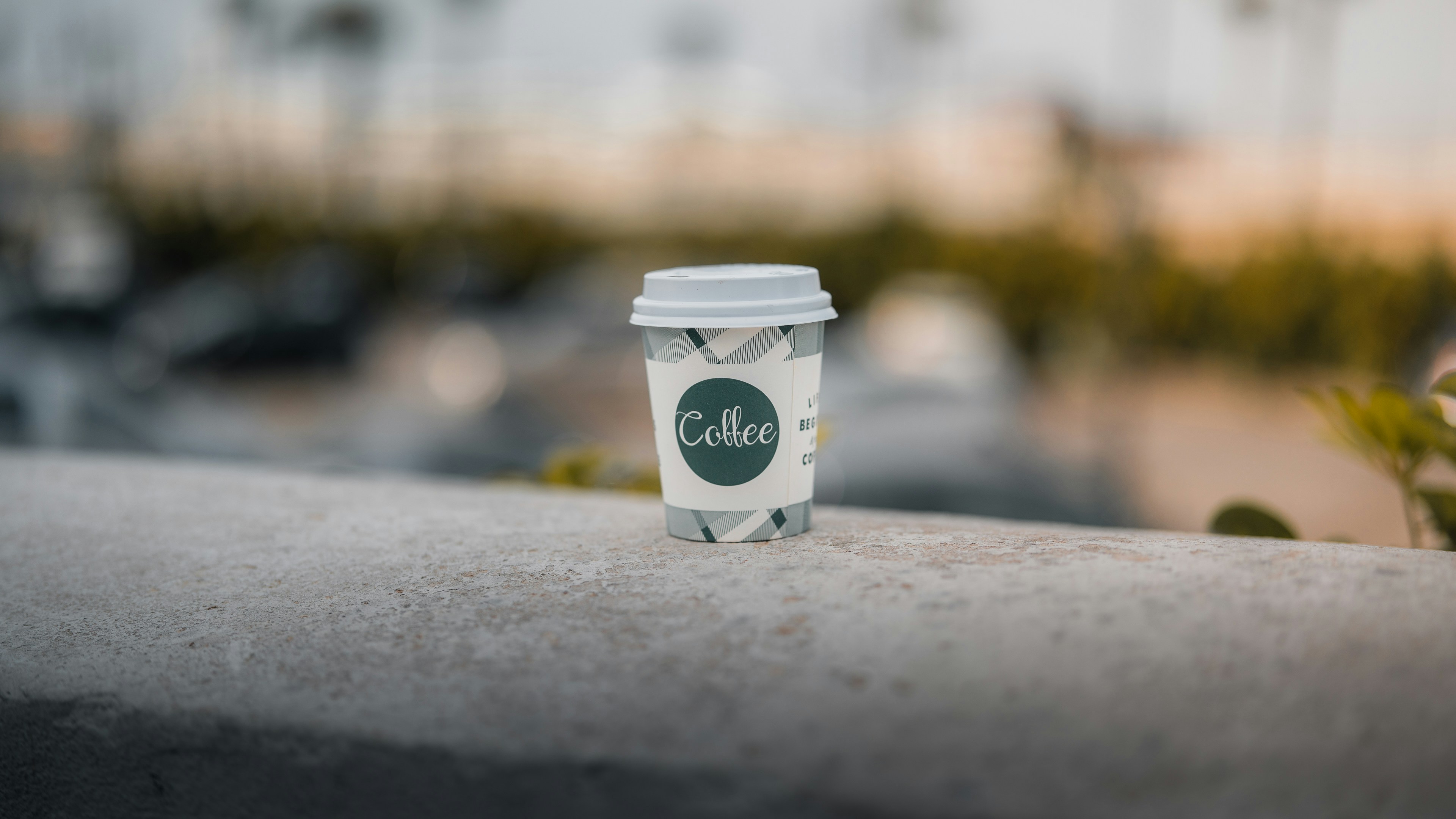 A coffee cup sits on a wall outdoors.