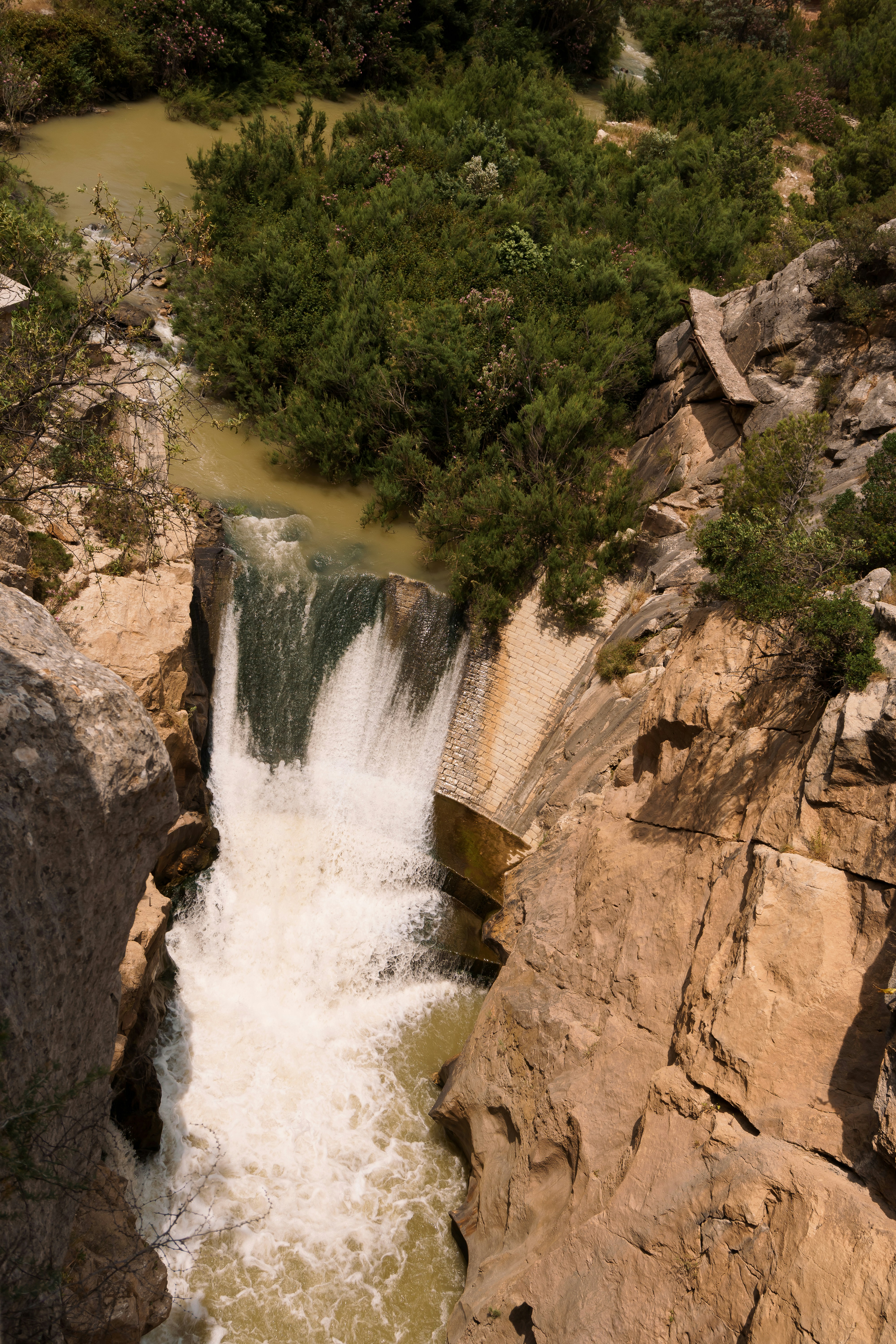 岩だらけの峡谷にあるダムの上を水が流れ落ちます。