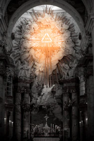 Inside a church, a glowing eye is centered.