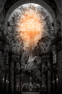 Inside a church, a glowing eye is centered.