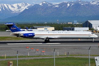 A freighter plane prepares to take off at an airport.