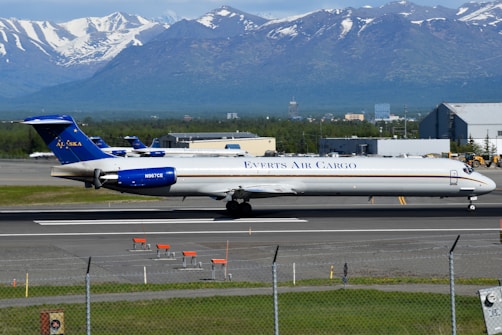 A freighter plane prepares to take off at an airport.