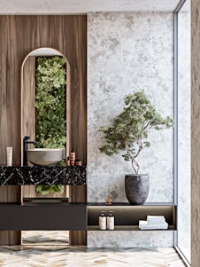 Elegant, modern bathroom with natural accents and plants.