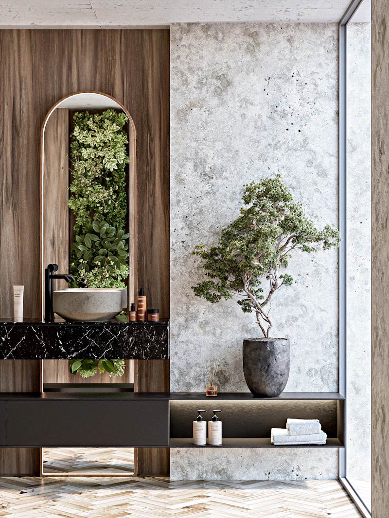 Salle de bain zen avec vasque moderne et plantes