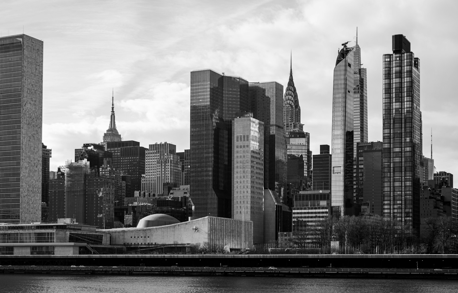 New york city skyline in striking black and white.