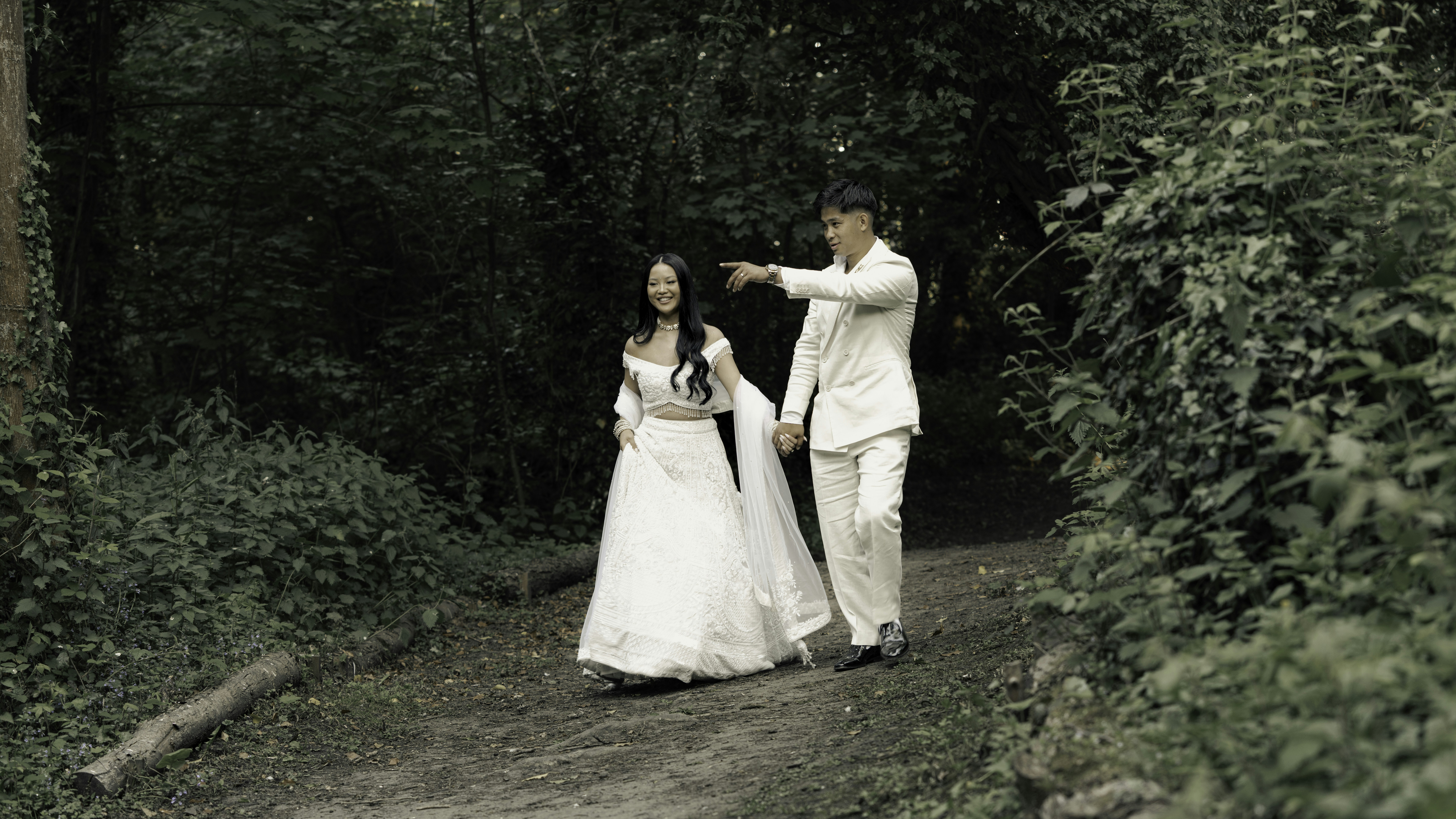 Newlywed couple in forest