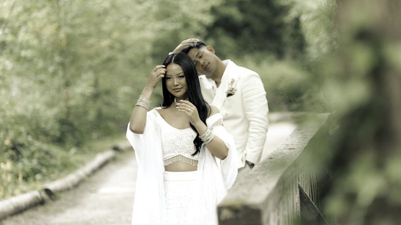 Romantic couple on wooden bridge