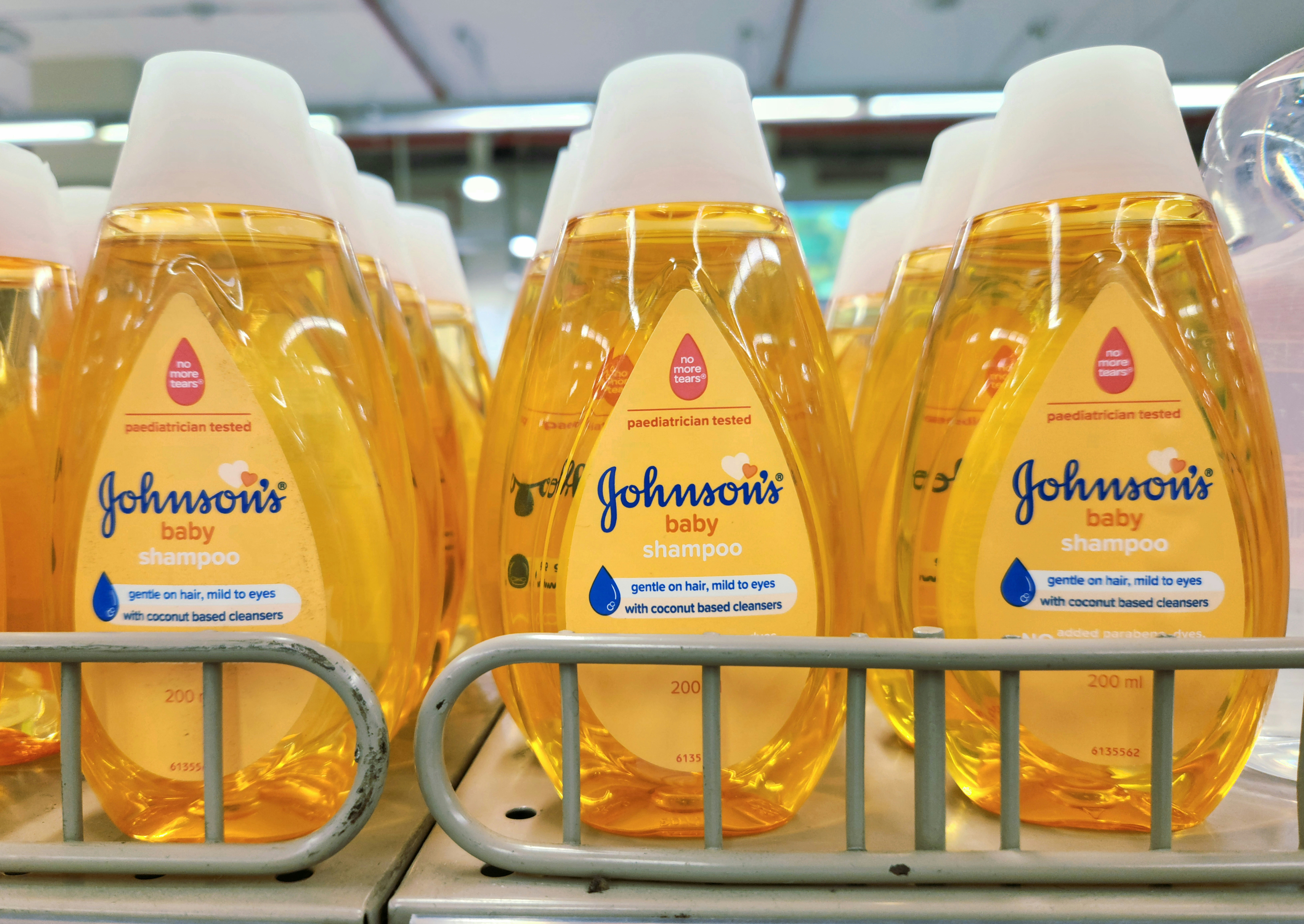 Johnson's baby shampoo bottles are on display.