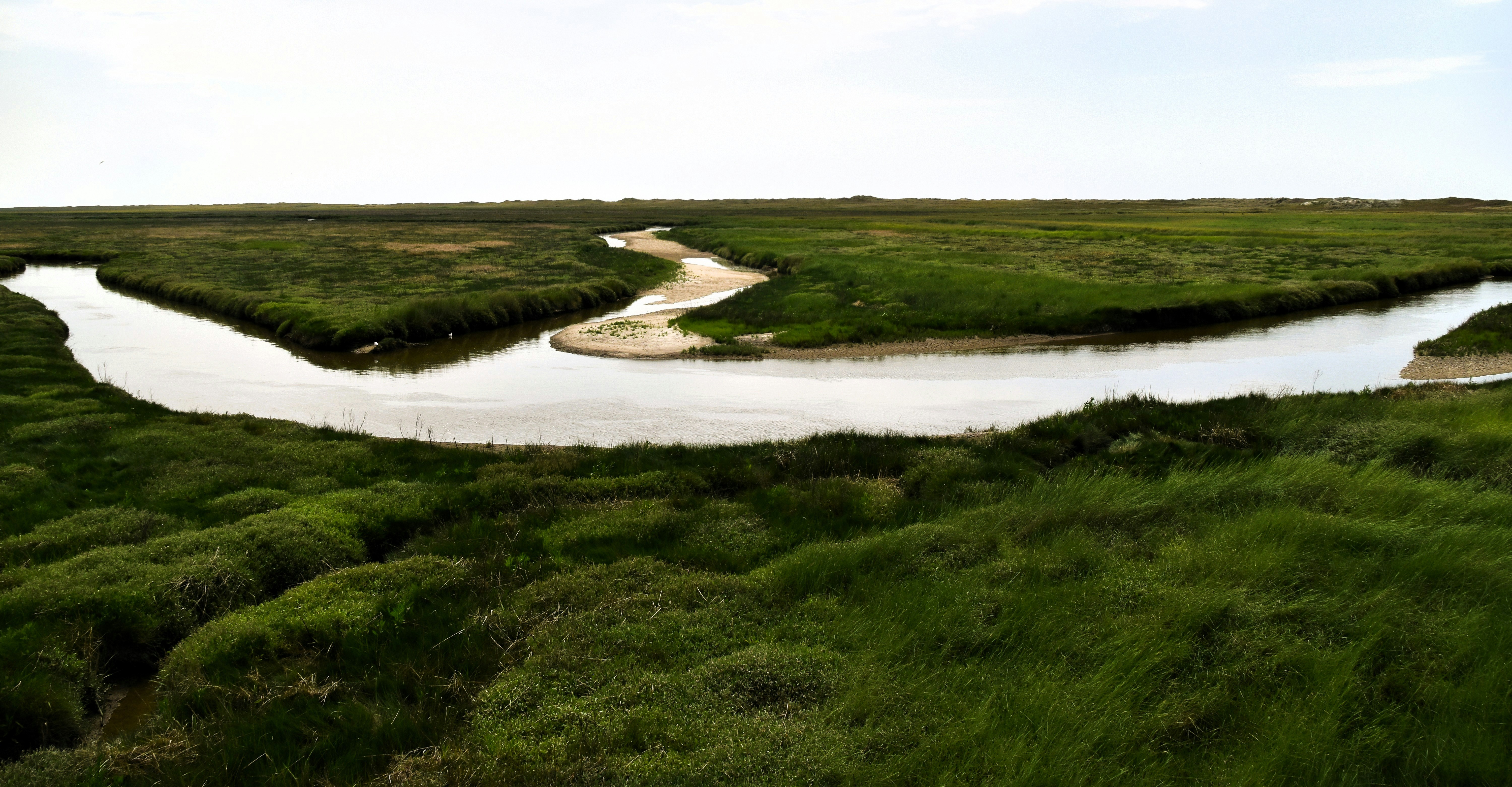 A winding river flows through a grassy landscape.