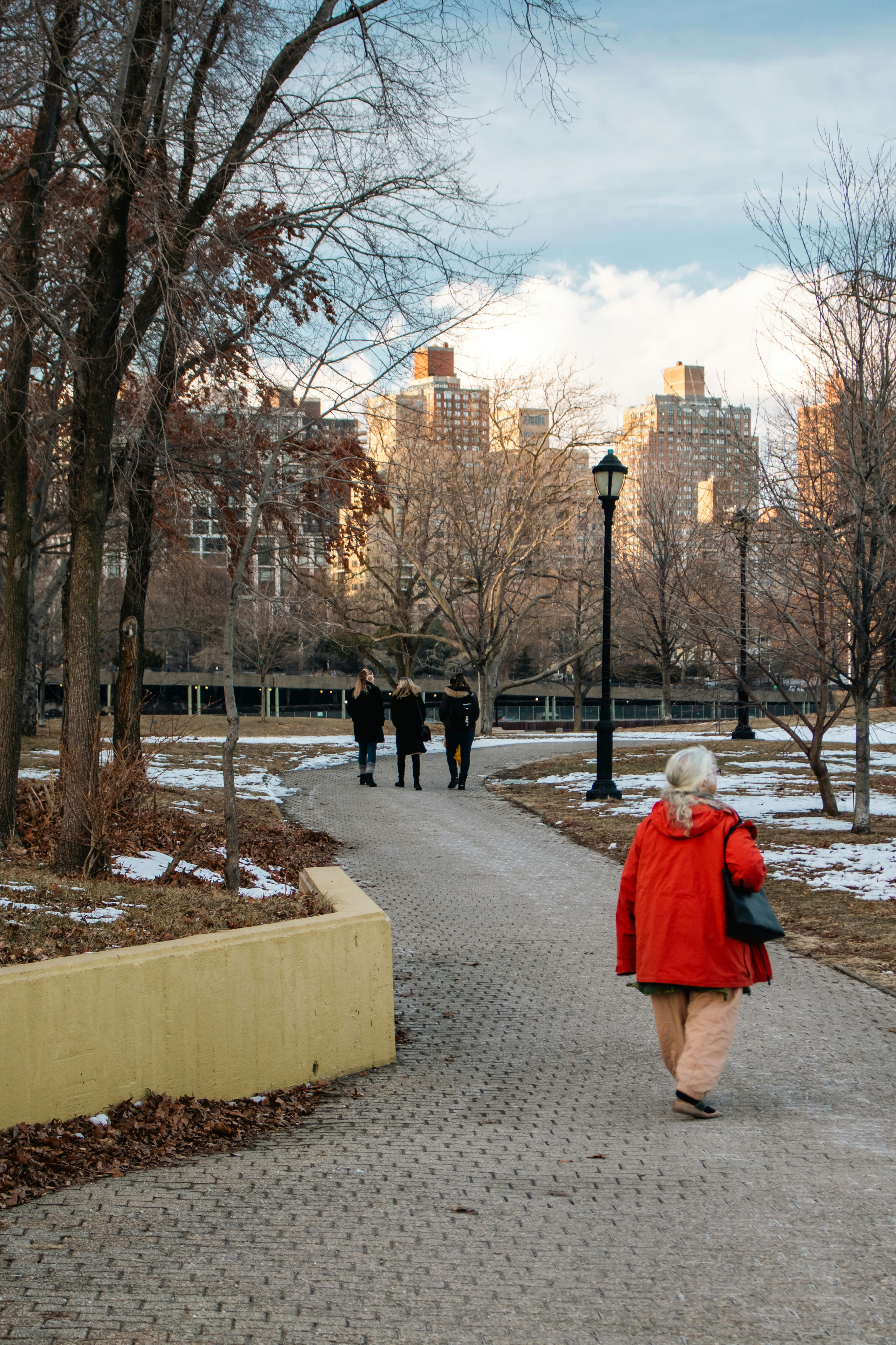 Woman walks on a park path on a winter day.