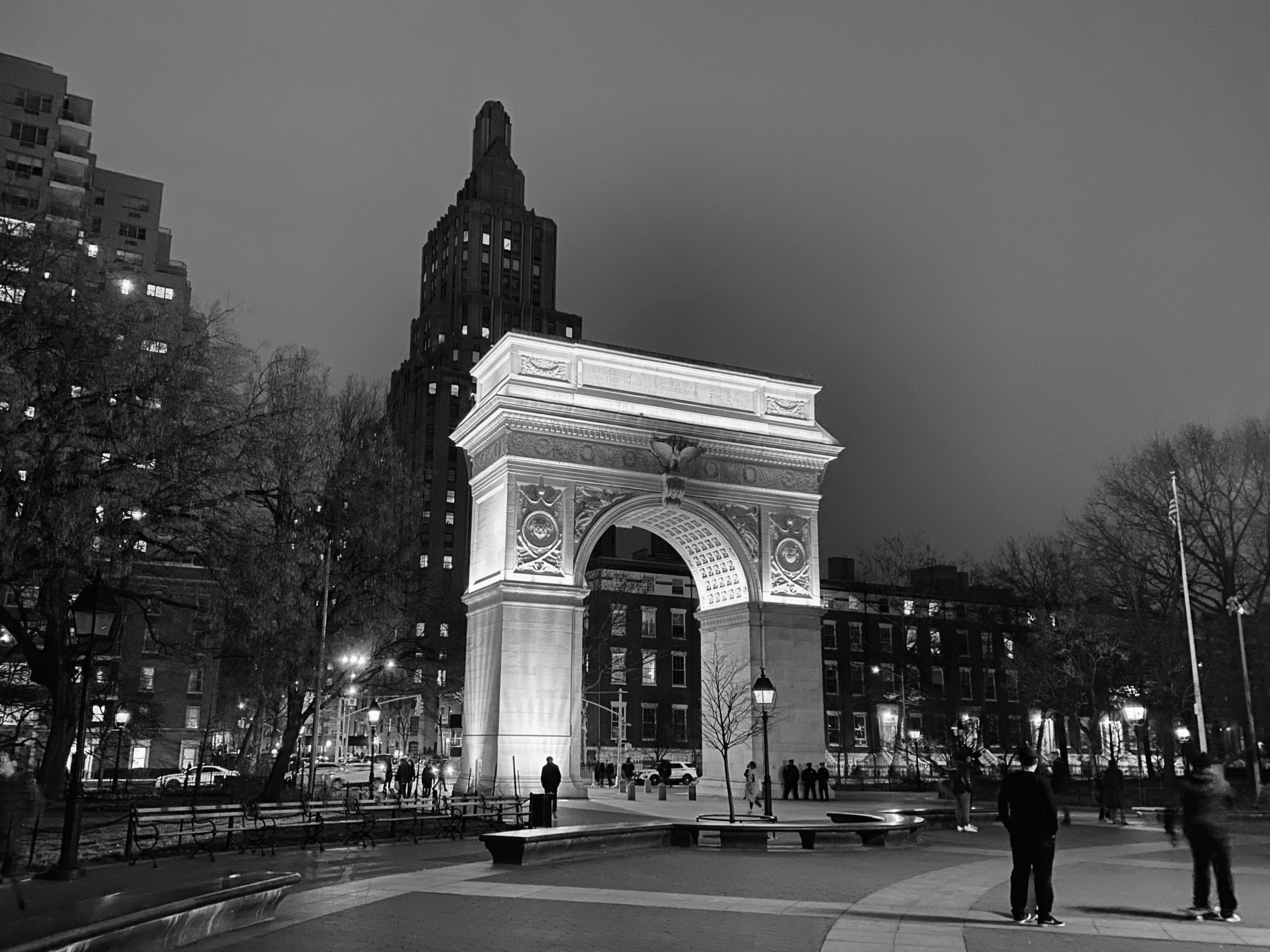 Washington square arch at night.