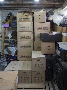 Boxes, bags and other items are in storage.