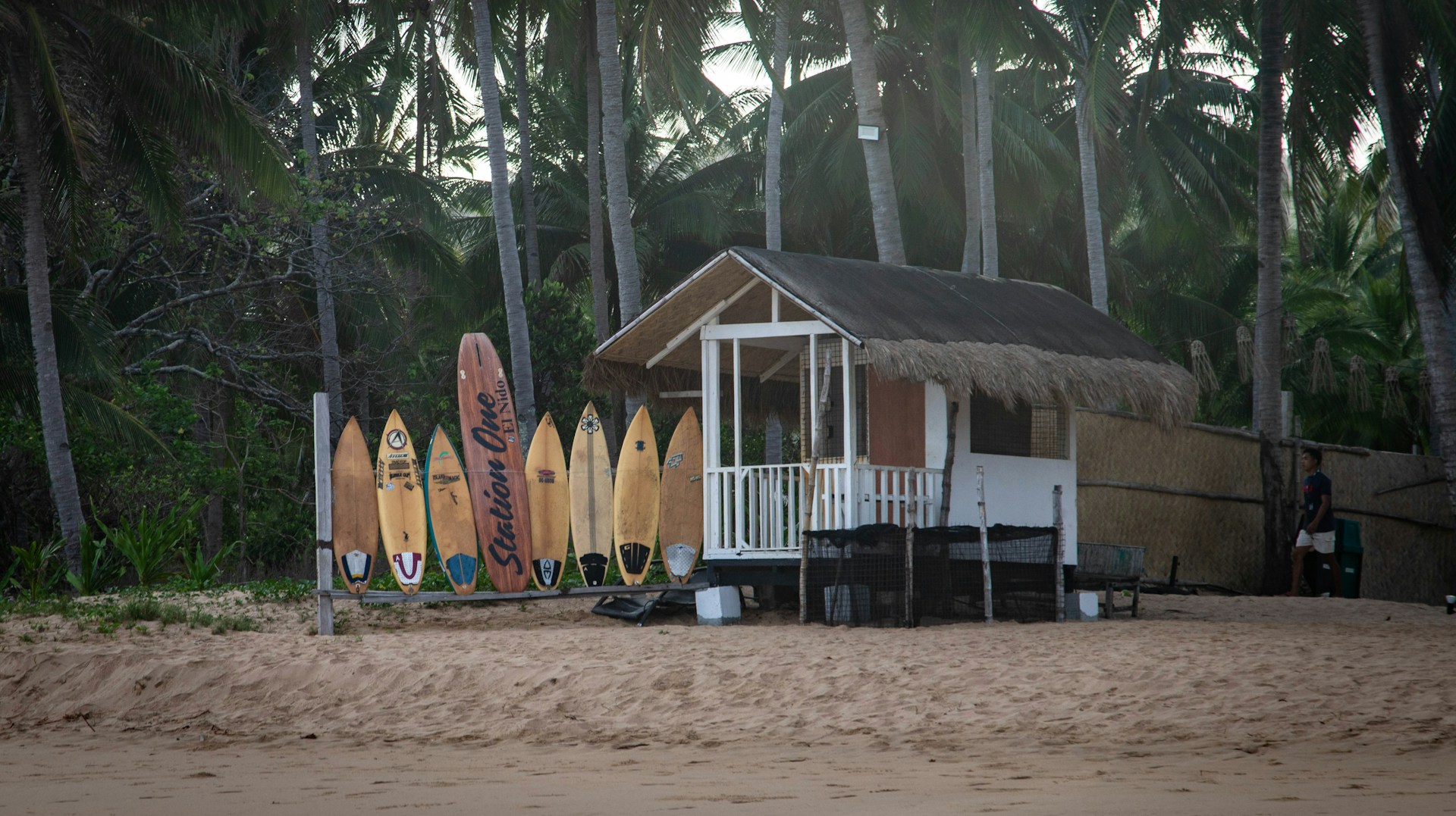 Surfboards stand near a beach shack.