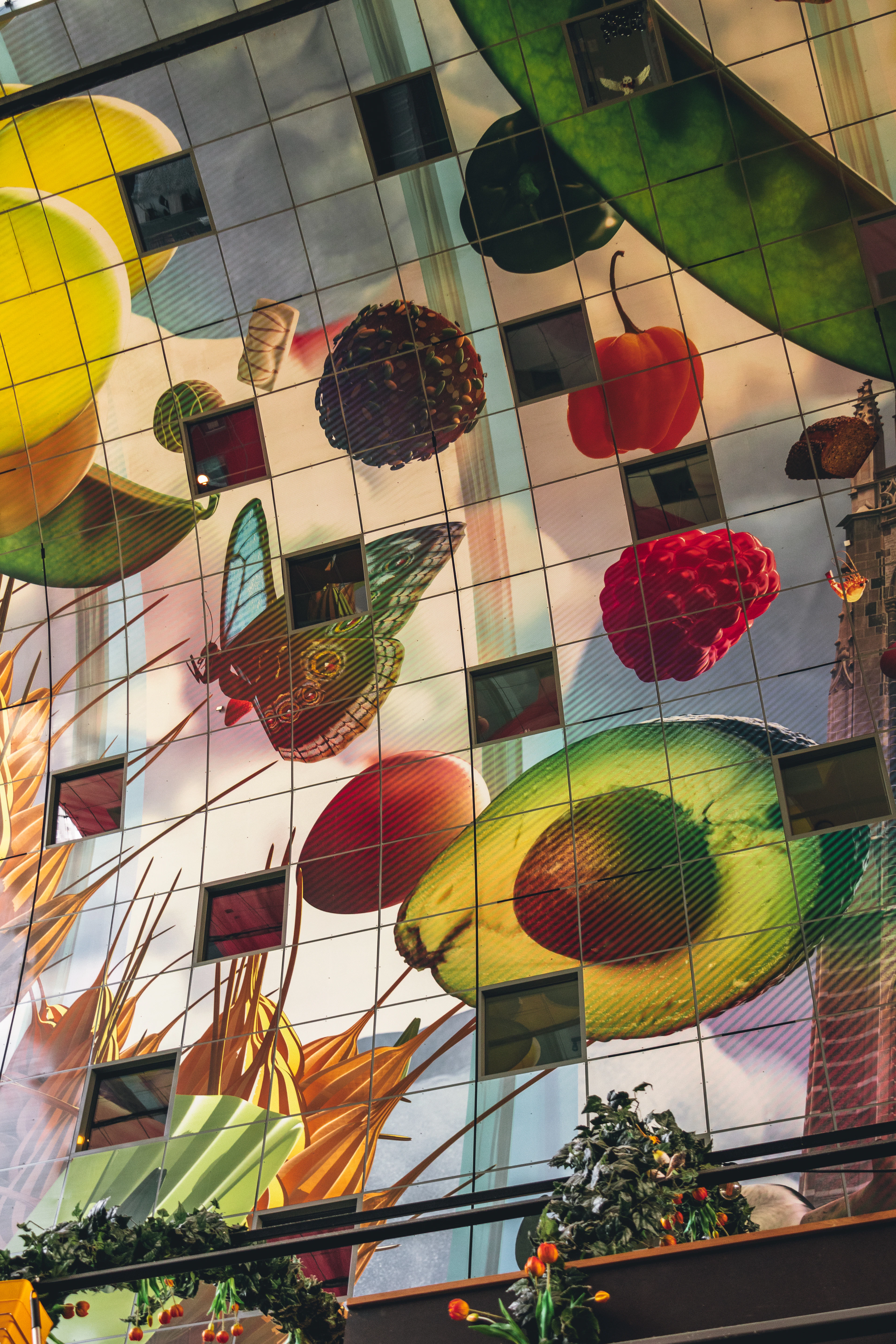 The painted fruit ceiling of the Markthal in Rotterdam