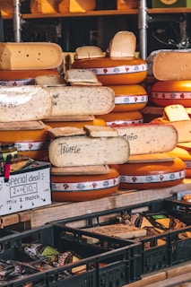 Various types of cheese are for sale.