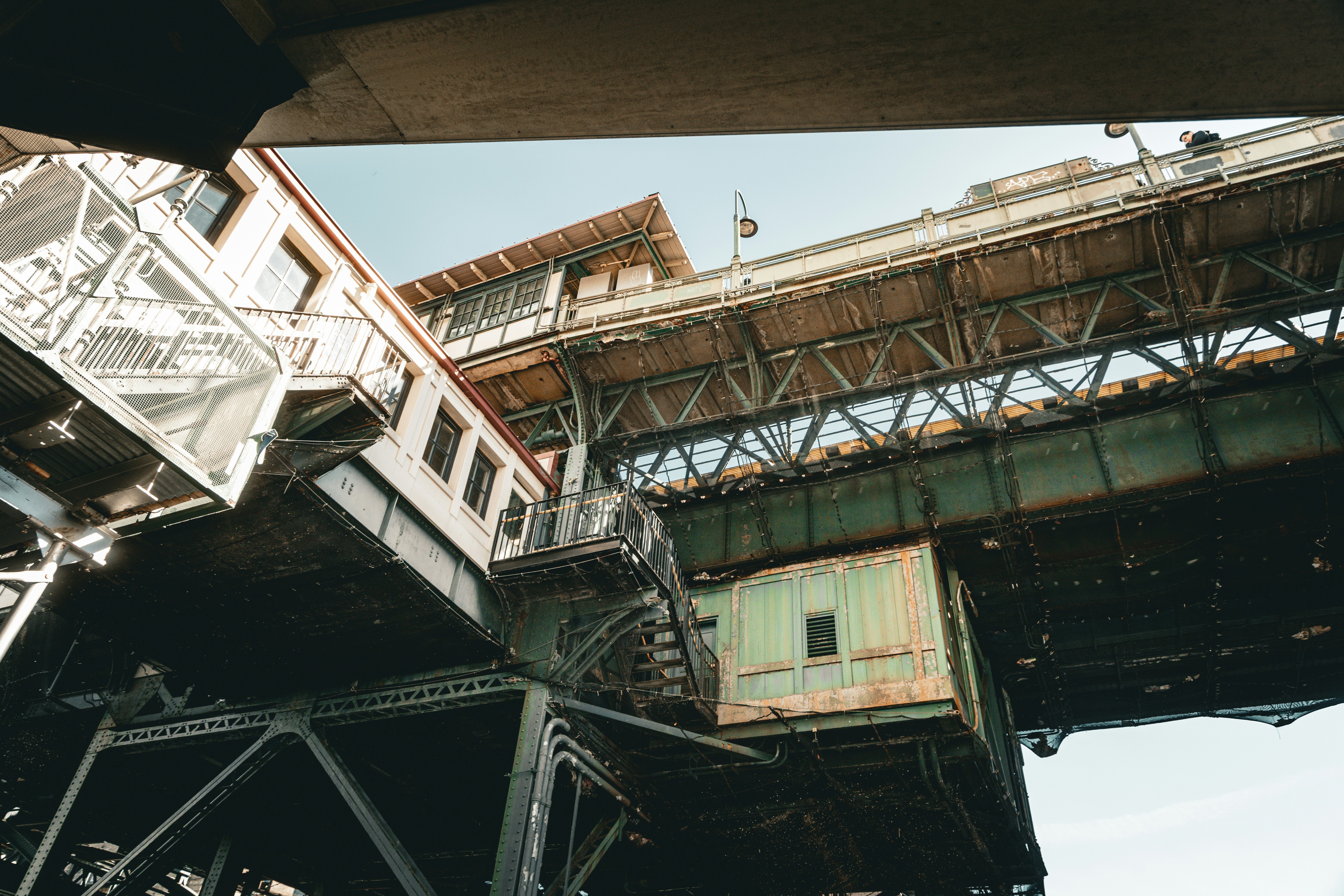 An elevated train station seen from below.