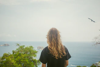 A person looks out over the ocean.