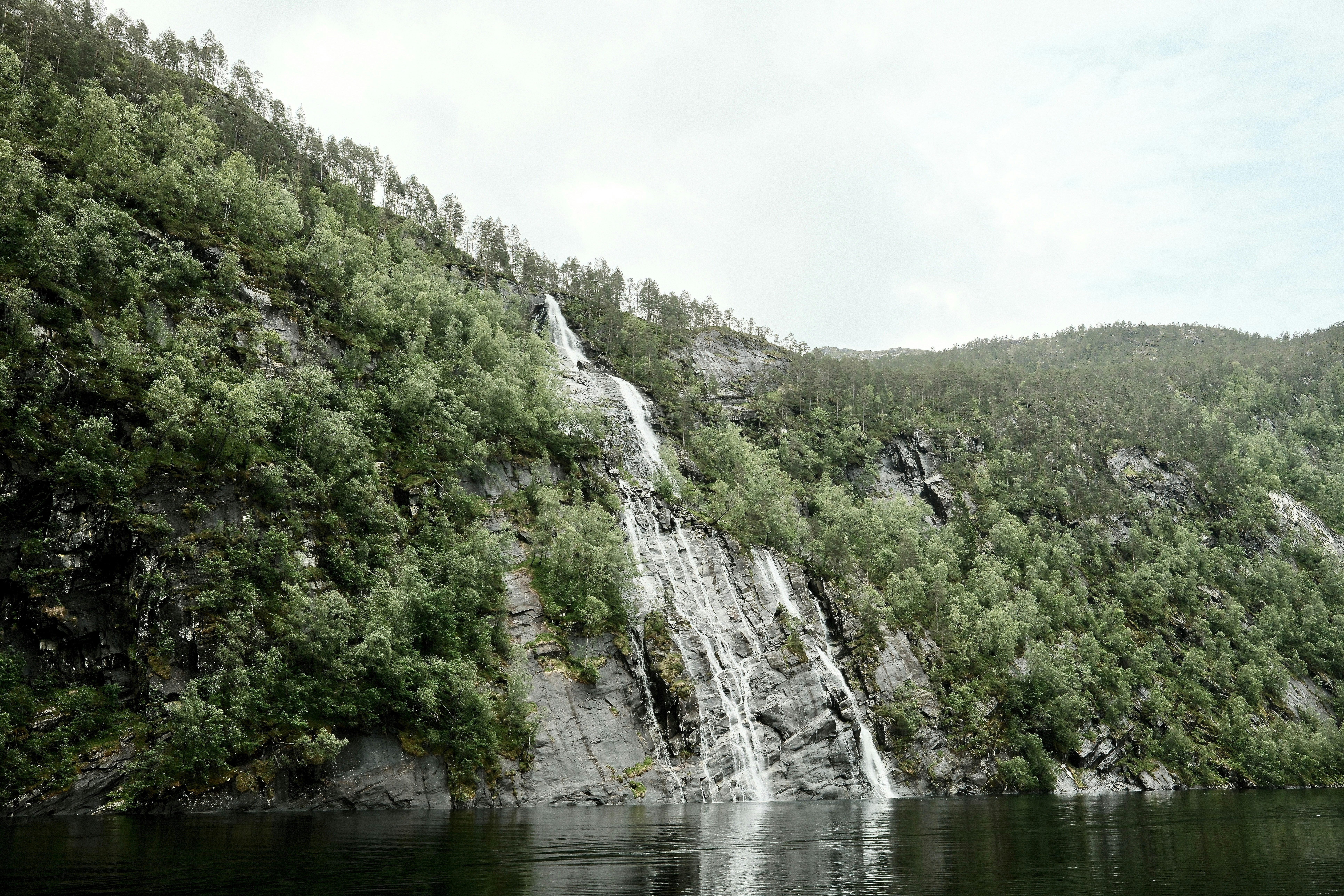 緑豊かな山に滝が流れ落ちます。
