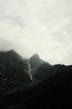 Misty mountains loom under a cloudy sky.
