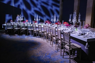 Elegant tables are set for a special event.