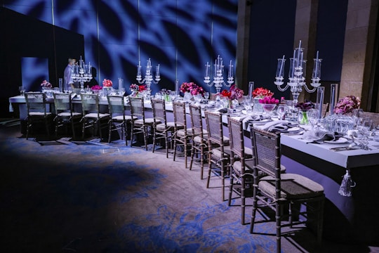 Elegant tables are set for a special event.