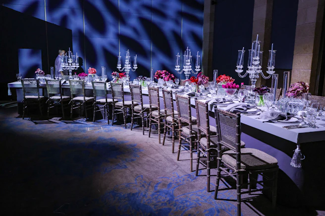 Elegant tables are set for a special event.