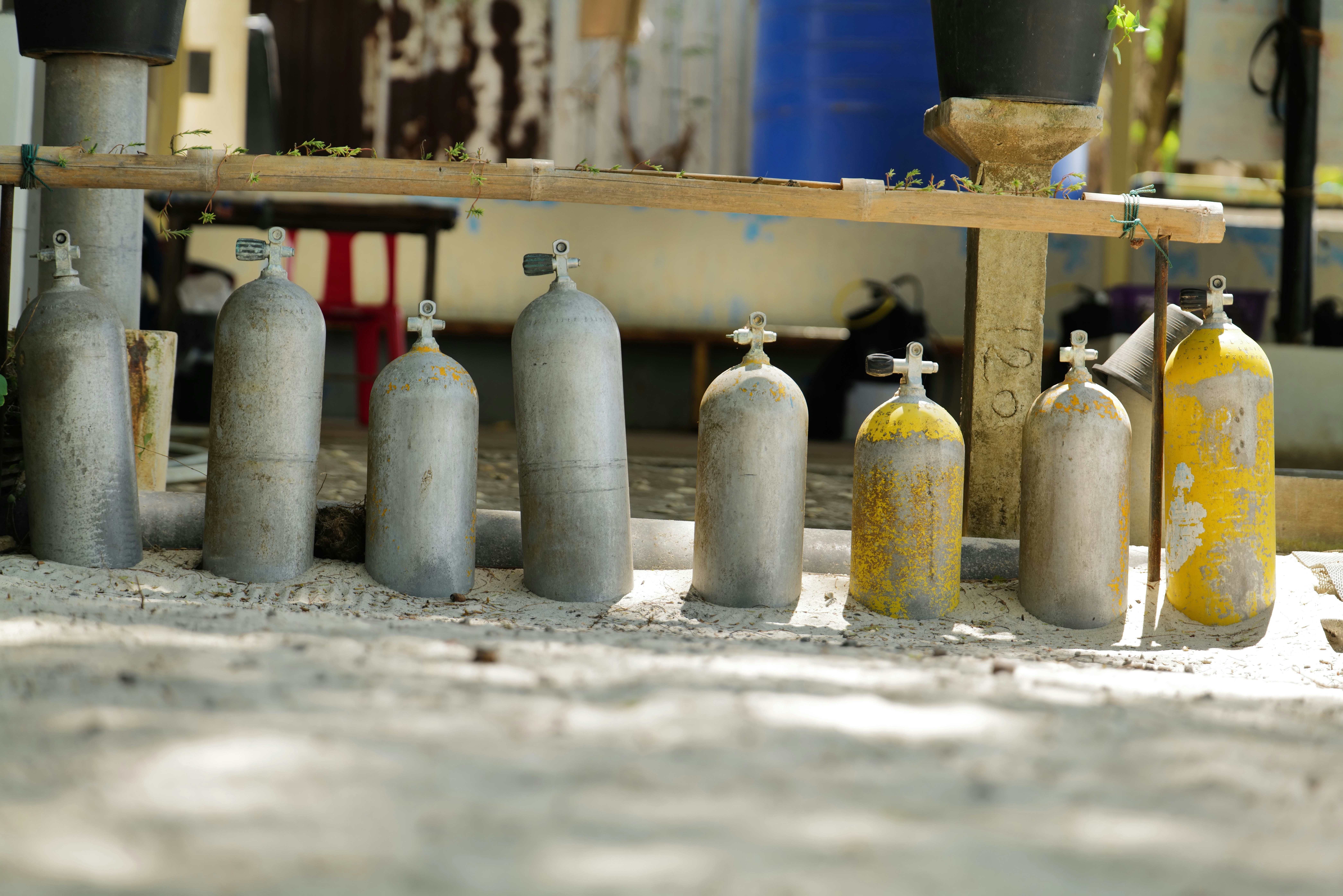 Des bouteilles de plongée sont alignées à l’extérieur.