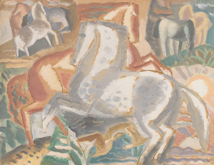 Large equestrian painting in earth tones