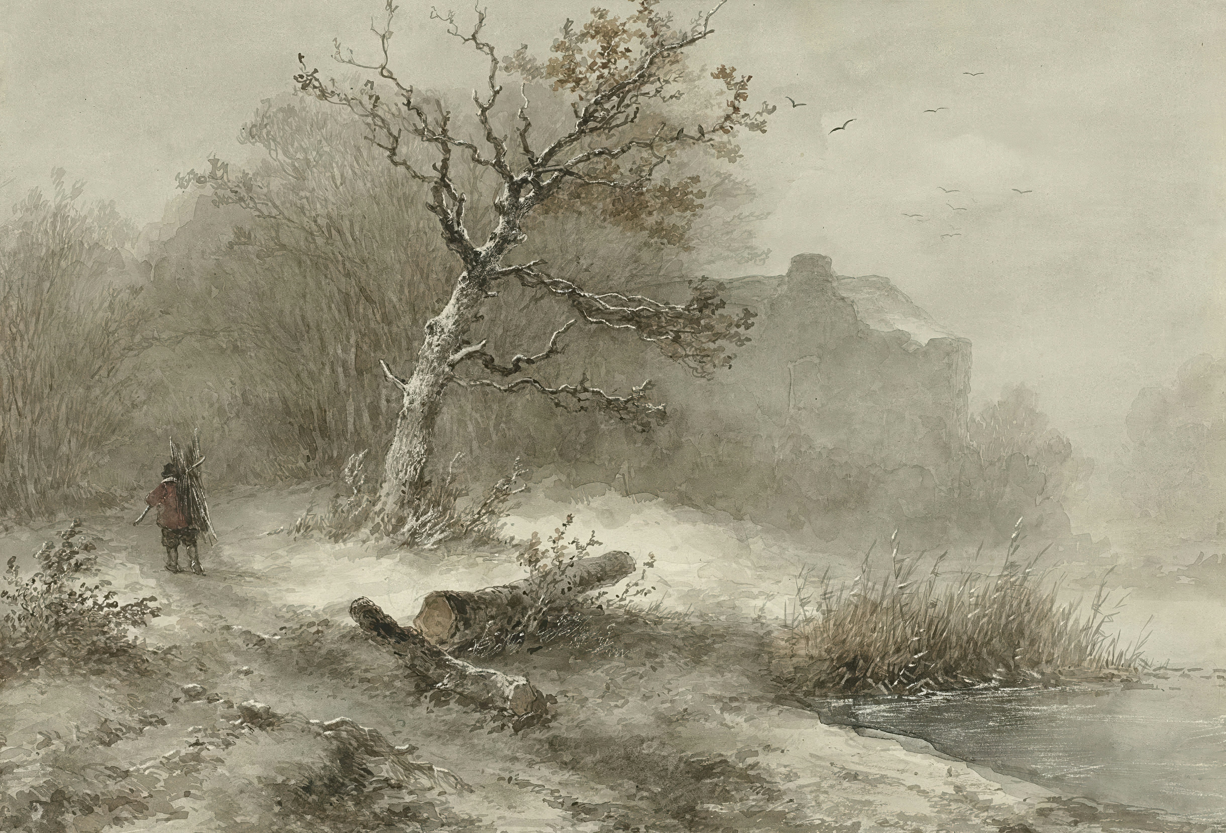 Winter landscape with a lone figure and a cottage.