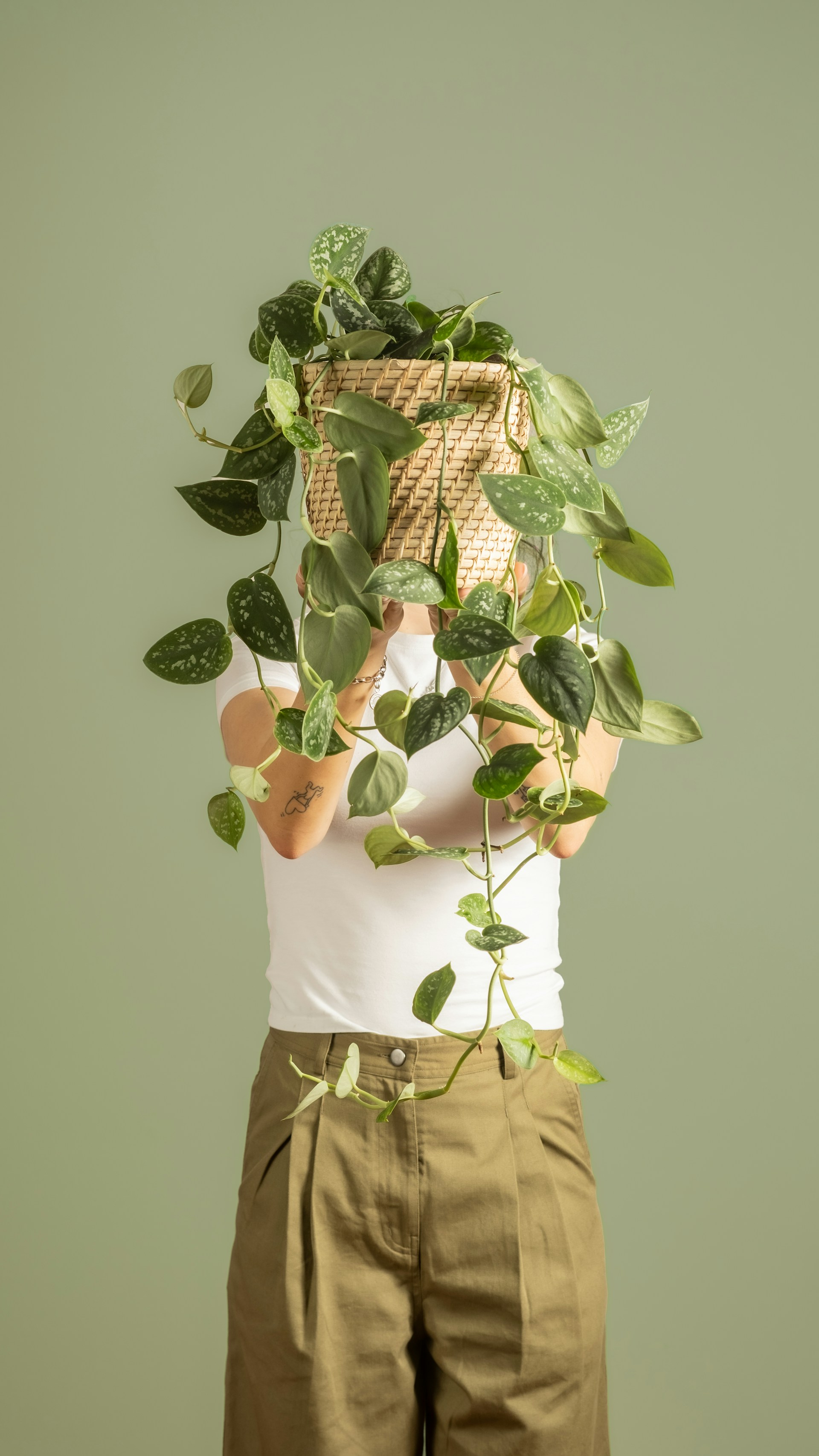Person holding a basket of plants in front of their face.