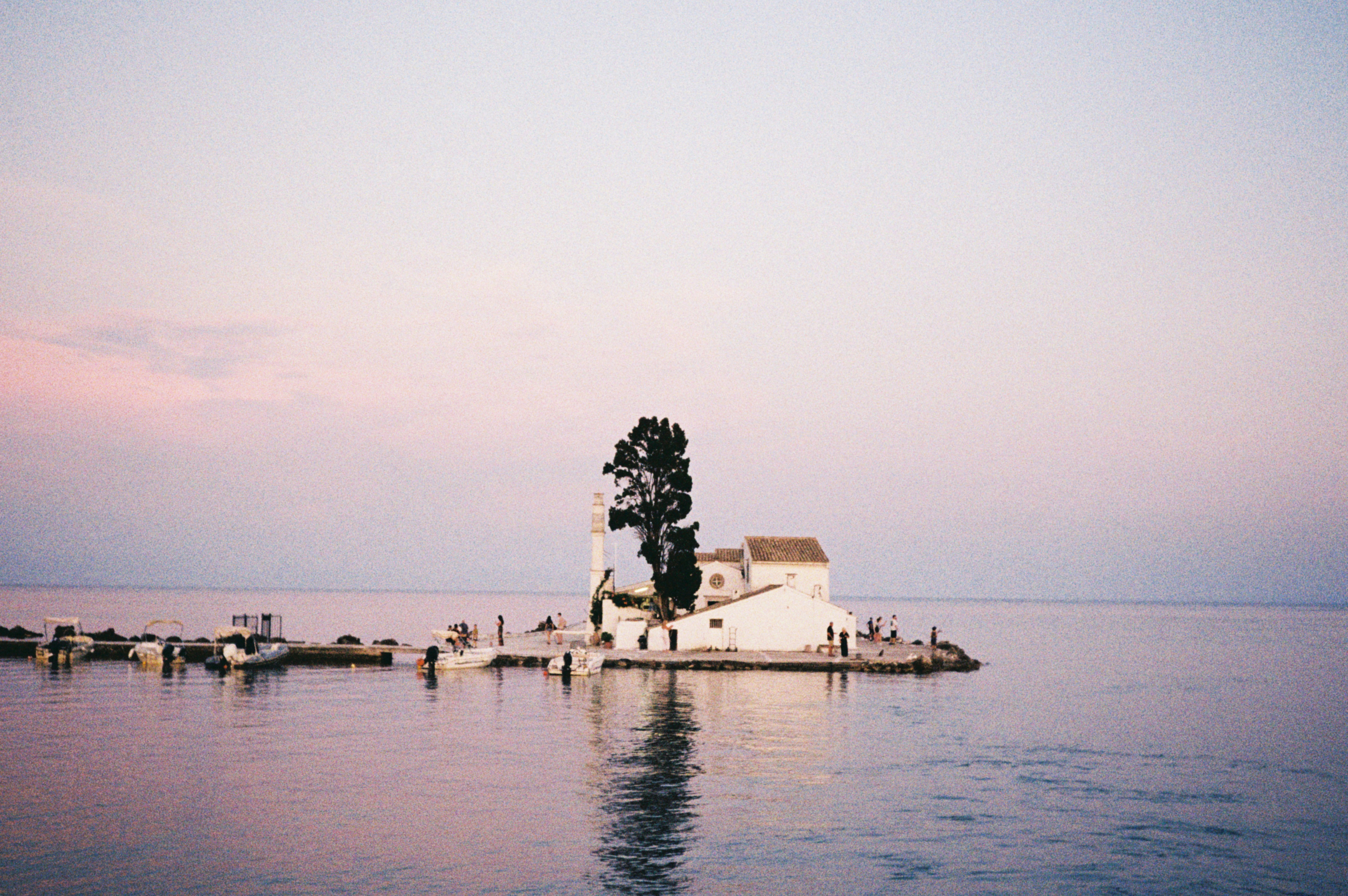 A church sits on a small island.